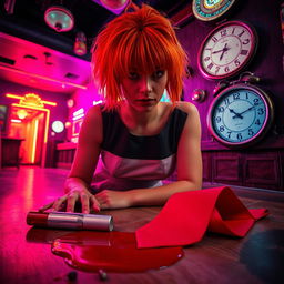 a mysterious and intense 1980s themed party hall scene featuring a woman with striking orange hair styled in the fashion of the decade