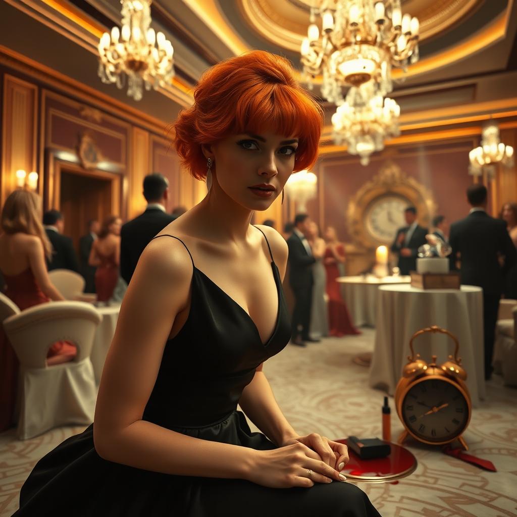 an elegant and suspenseful 1980s themed party scene in a luxurious ballroom, featuring a woman with striking orange hair styled in a chic 80s fashion