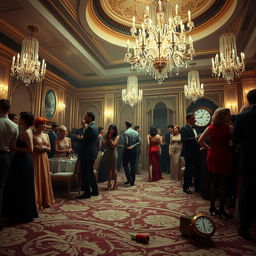 an elegant and suspenseful 1980s themed party scene in a luxurious ballroom, featuring a woman with striking orange hair styled in a chic 80s fashion