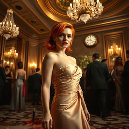 an elegant and suspenseful 1980s themed party scene in a luxurious ballroom, featuring a woman with striking orange hair styled in a chic 80s fashion