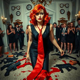 a dramatic scene set in an elegant 1980s party hall, featuring a striking woman with vibrant orange hair and red lipstick, wearing a formal dress that epitomizes the style of the era