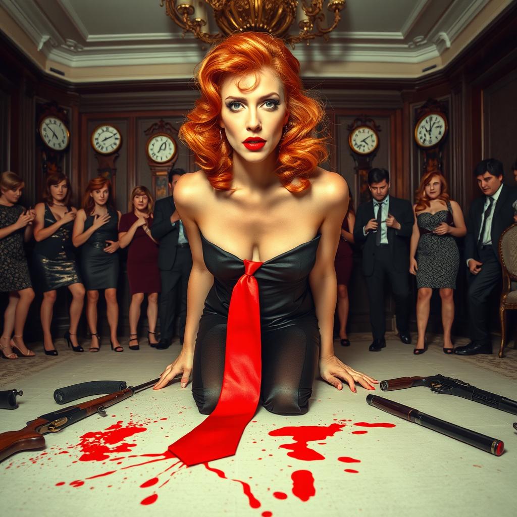 a dramatic scene set in an elegant 1980s party hall, featuring a striking woman with vibrant orange hair and red lipstick, wearing a formal dress that epitomizes the style of the era