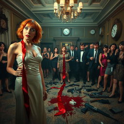 a dramatic scene set in an elegant 1980s party hall, featuring a striking woman with vibrant orange hair and red lipstick, wearing a formal dress that epitomizes the style of the era