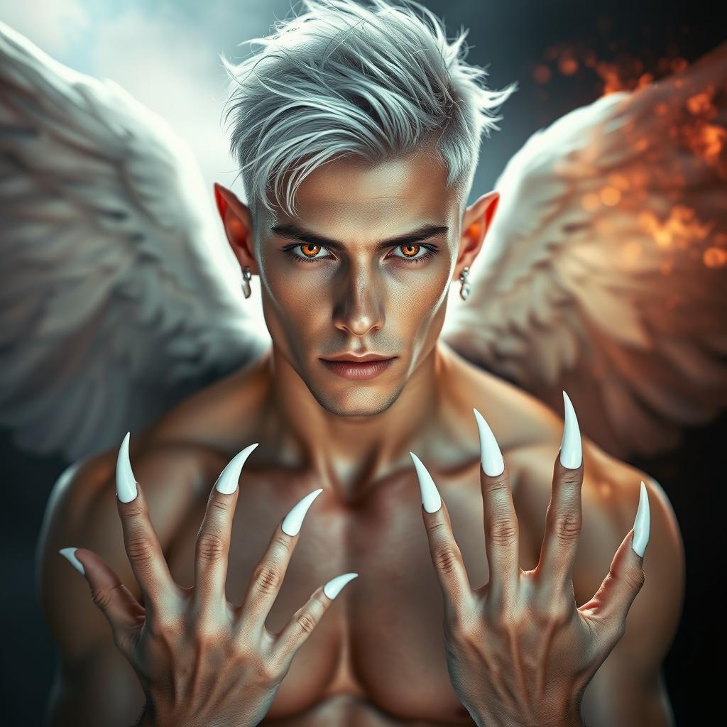 A striking man with the physique of a gymnast, embodying both angelic and demonic features