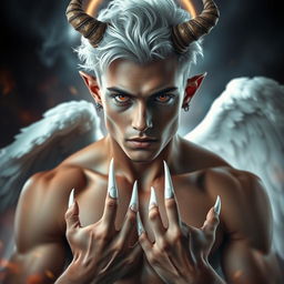 A striking man with the physique of a gymnast, embodying both angelic and demonic features