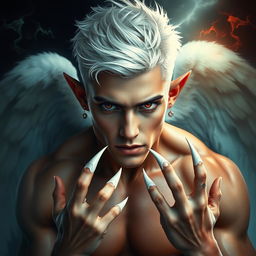 A striking man with the physique of a gymnast, embodying both angelic and demonic features