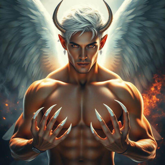 A striking man with the physique of a gymnast, embodying both angelic and demonic features