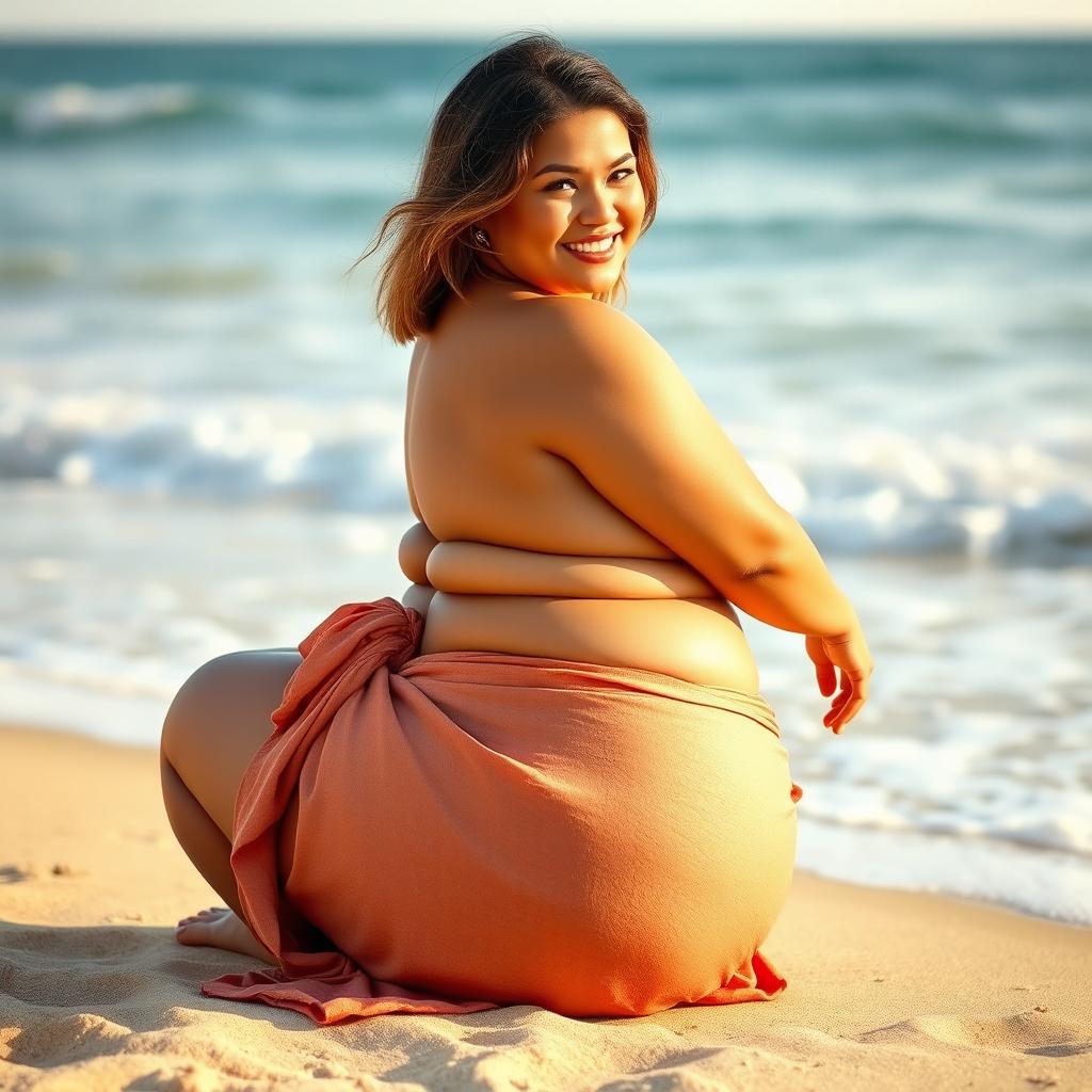 A chubby woman sits on a beach, looking over her shoulder with a confident smile