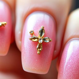 A high-definition macro photograph capturing the intricate details of a shimmery manicure adorned with exquisite gold and gemstone accents