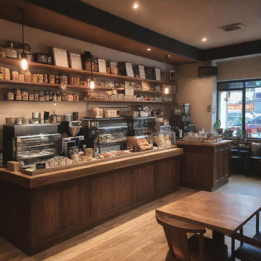 A charming, bustling coffee shop with warm lighting, filled with wooden tables, comfy chairs, barista counter full of coffee machines and various pastries displayed.