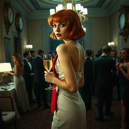 a subtle yet intriguing 1980s party scene with a modestly dressed woman with orange hair and red lipstick, gracefully holding a champagne glass