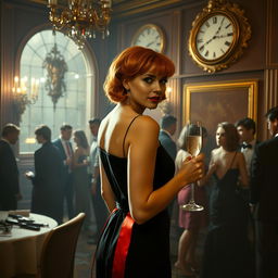 a subtle yet intriguing 1980s party scene with a modestly dressed woman with orange hair and red lipstick, gracefully holding a champagne glass