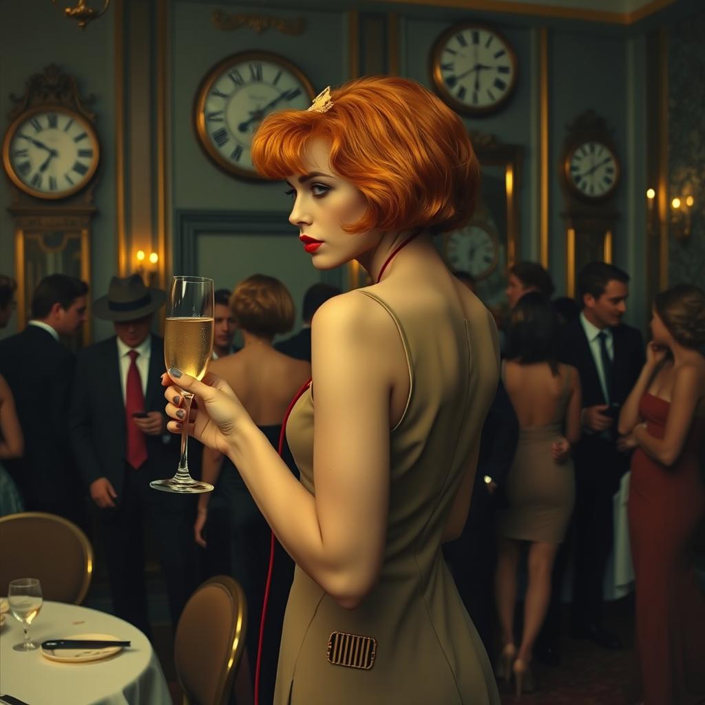 a subtle yet intriguing 1980s party scene with a modestly dressed woman with orange hair and red lipstick, gracefully holding a champagne glass