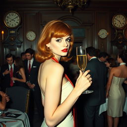 a subtle yet intriguing 1980s party scene with a modestly dressed woman with orange hair and red lipstick, gracefully holding a champagne glass