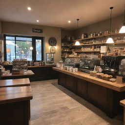 A charming, bustling coffee shop with warm lighting, filled with wooden tables, comfy chairs, barista counter full of coffee machines and various pastries displayed.