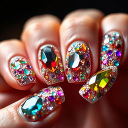 An exquisite 'glitter jewel' style manicure showcasing nails lavishly decorated with multi-colored stones and shimmering rhinestones