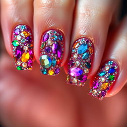 An exquisite 'glitter jewel' style manicure showcasing nails lavishly decorated with multi-colored stones and shimmering rhinestones