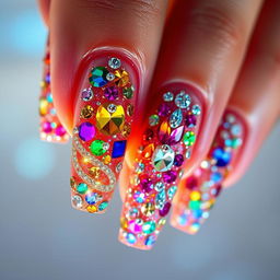 An exquisite 'glitter jewel' style manicure showcasing nails lavishly decorated with multi-colored stones and shimmering rhinestones