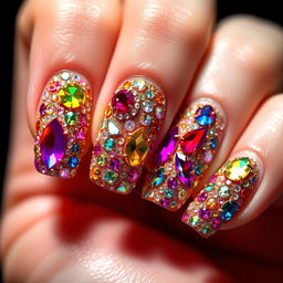 An exquisite 'glitter jewel' style manicure showcasing nails lavishly decorated with multi-colored stones and shimmering rhinestones