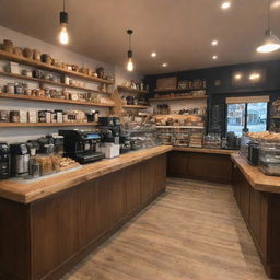 A charming, bustling coffee shop with warm lighting, filled with wooden tables, comfy chairs, barista counter full of coffee machines and various pastries displayed.