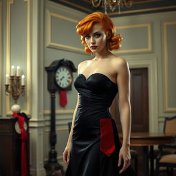 A captivating scene set in a classic 1980s ballroom, featuring a woman with striking orange hair styled in an elegant 80s fashion