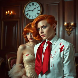 A captivating scene set in a classic 1980s ballroom, featuring a woman with striking orange hair styled in an elegant 80s fashion