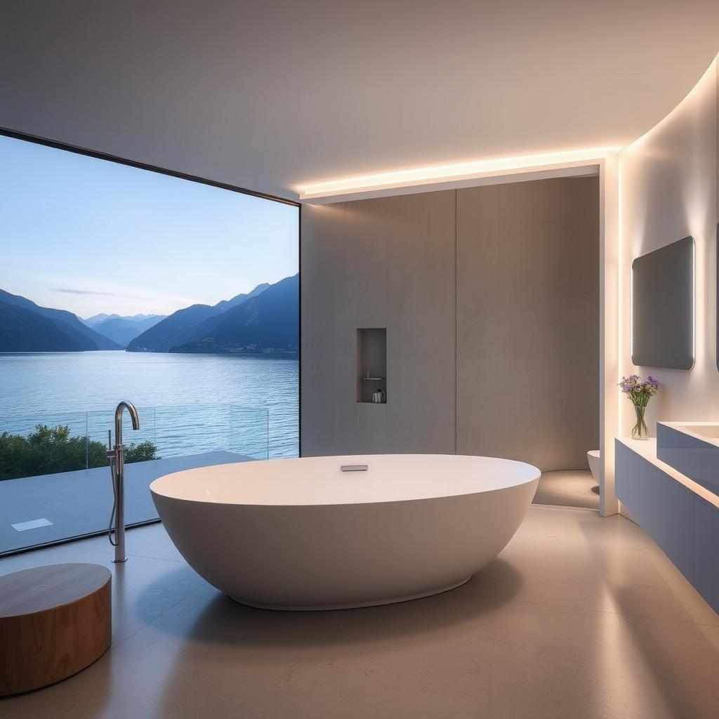 A modern bathroom with a stunning view of Lake Como