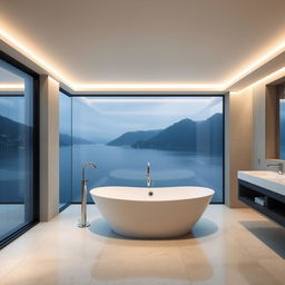 A modern bathroom with a stunning view of Lake Como