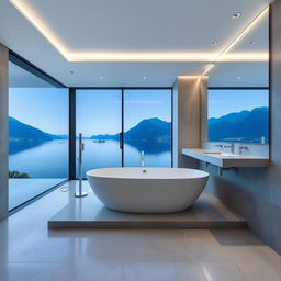 A modern bathroom with a stunning view of Lake Como