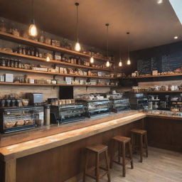 A charming, bustling coffee shop with warm lighting, filled with wooden tables, comfy chairs, barista counter full of coffee machines and various pastries displayed.