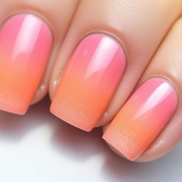 A macro shot of a manicure in the 'romantic sunset' style, featuring gentle pastel shades transitioning smoothly from pink to orange