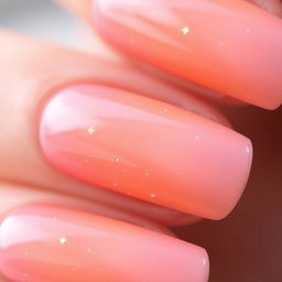 A macro shot of a manicure in the 'romantic sunset' style, featuring gentle pastel shades transitioning smoothly from pink to orange