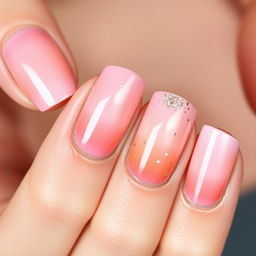 A macro shot of a manicure in the 'romantic sunset' style, featuring gentle pastel shades transitioning smoothly from pink to orange