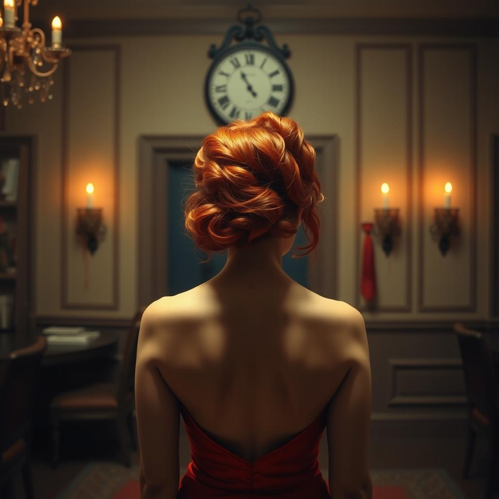 A mysterious scene set in a 1980s ballroom, featuring the back view of a woman with striking orange hair styled in an authentic 80s fashion, her face hidden to add an air of intrigue