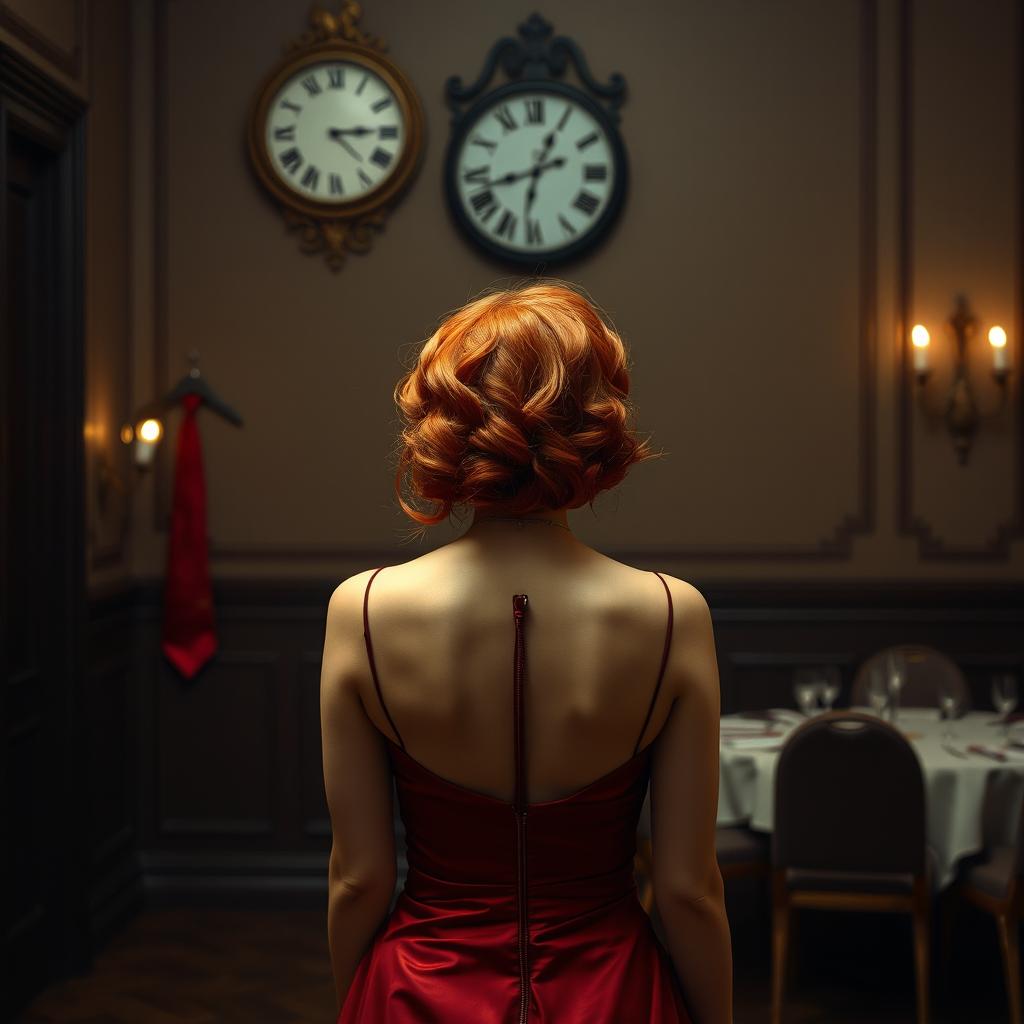 A mysterious scene set in a 1980s ballroom, featuring the back view of a woman with striking orange hair styled in an authentic 80s fashion, her face hidden to add an air of intrigue