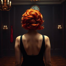 A mysterious scene set in a 1980s ballroom, featuring the back view of a woman with striking orange hair styled in an authentic 80s fashion, her face hidden to add an air of intrigue