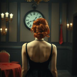 A mysterious scene set in a 1980s ballroom, featuring the back view of a woman with striking orange hair styled in an authentic 80s fashion, her face hidden to add an air of intrigue