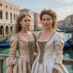 Update the scene to portray Portia, with dark blonde curly hair, dressed in rich, elegant heiress attire, alongside her friend Antonio, the merchant. They are immersed in the magnificent backdrop of Venice.