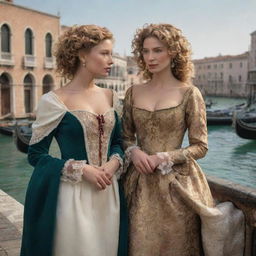 Update the scene to portray Portia, with dark blonde curly hair, dressed in rich, elegant heiress attire, alongside her friend Antonio, the merchant. They are immersed in the magnificent backdrop of Venice.