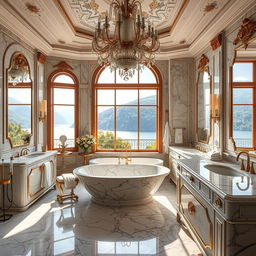 A modern bathroom with an opulent marble interior design, located near Lake Como