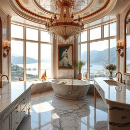 A modern bathroom with an opulent marble interior design, located near Lake Como