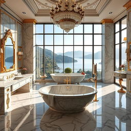 A modern bathroom with an opulent marble interior design, located near Lake Como