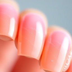 A macro shot of a manicure in the 'romantic sunset' style, with soft pastel hues transitioning smoothly from pink to orange