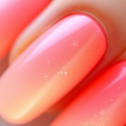 A macro shot of a manicure in the 'romantic sunset' style, with soft pastel hues transitioning smoothly from pink to orange