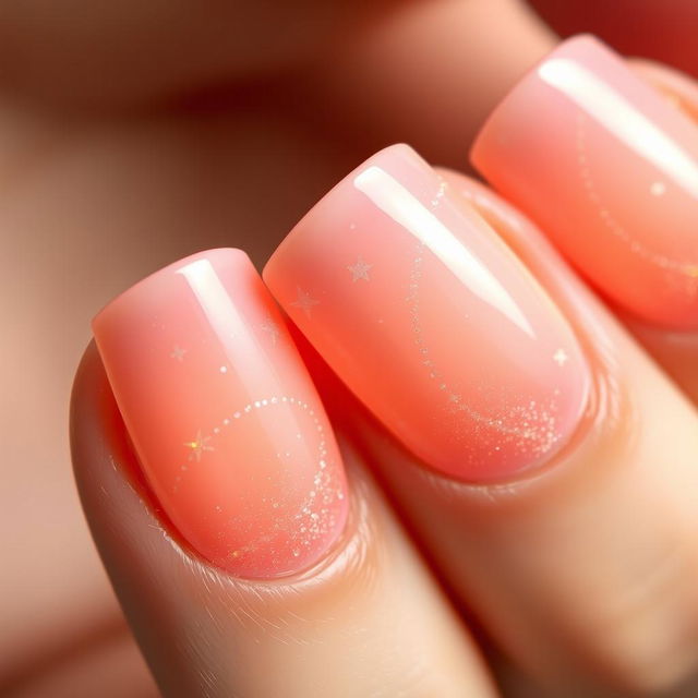 A macro shot of a manicure in the 'romantic sunset' style, with soft pastel hues transitioning smoothly from pink to orange