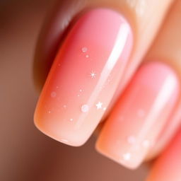 A macro shot of a manicure in the 'romantic sunset' style, with soft pastel hues transitioning smoothly from pink to orange