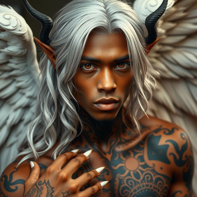 A mesmerizing half angel, half demon male figure approximately 25 years old, standing at 5'10"