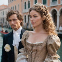 Update the scene to portray Portia, with dark blonde curly hair, dressed in rich, elegant heiress attire, alongside her friend Antonio, the merchant. They are immersed in the magnificent backdrop of Venice.