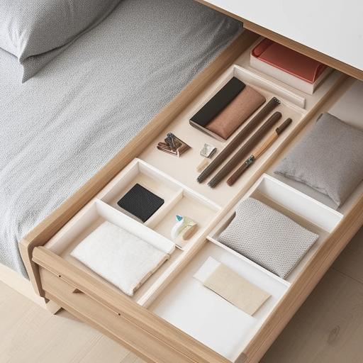 A well-crafted, stylish, and diverse drawer with multiple compartments, designed to fit comfortably in a contemporary bedroom setting