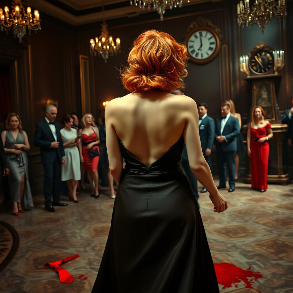 A suspenseful scene in a lavish 1980s ballroom, capturing the back view of a woman with vibrant orange hair styled in a classic 80s fashion